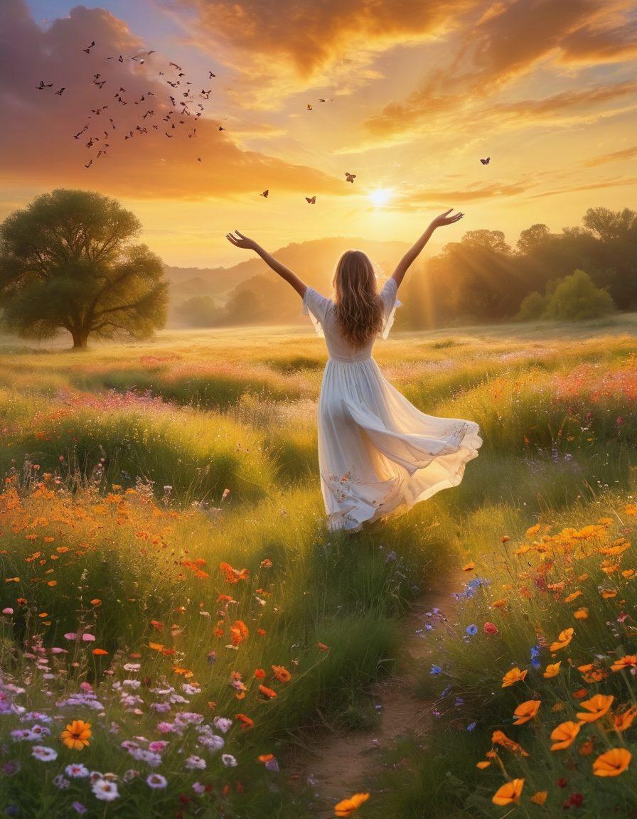 A serene landscape depicting a sunrise over a vibrant meadow filled with colorful wildflowers, accompanied by subtle rays of light symbolizing divine favor. In the foreground, a person with arms outstretched in joy, surrounded by butterflies to represent gratitude. Soft golden hues in the sky and a gentle breeze creating movement in the grass enhance a sense of peace and happiness. painting. vibrant colors. ethereal atmosphere.