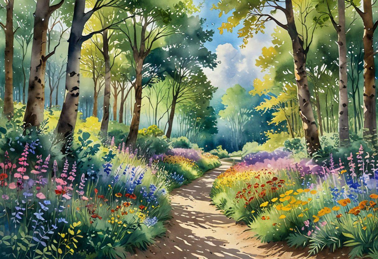 A serene landscape depicting a winding path through a lush forest, dotted with vibrant wildflowers and soft sunlight filtering through the trees. Along the path, include a diverse group of people joyfully helping each other, carrying small tokens of gratitude like handwritten notes or gifts. In the sky, watercolor-like clouds form the word 'Joy', symbolizing positivity amidst challenges. The overall mood should be uplifting and hopeful. vibrant colors. painting.