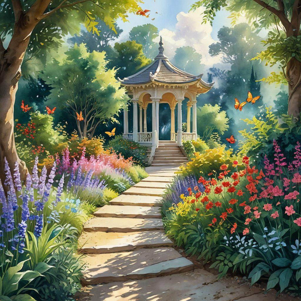 A serene pathway adorned with glowing orbs of light representing divine favor, leading through a lush garden filled with vibrant flowers and fluttering butterflies. In the background, a soft light emerges from a temple, symbolizing spiritual upliftment. A figure walks peacefully along the path, radiating joy and happiness. Ethereal clouds and rays of sunshine create an uplifting atmosphere. watercolor painting. vibrant colors.